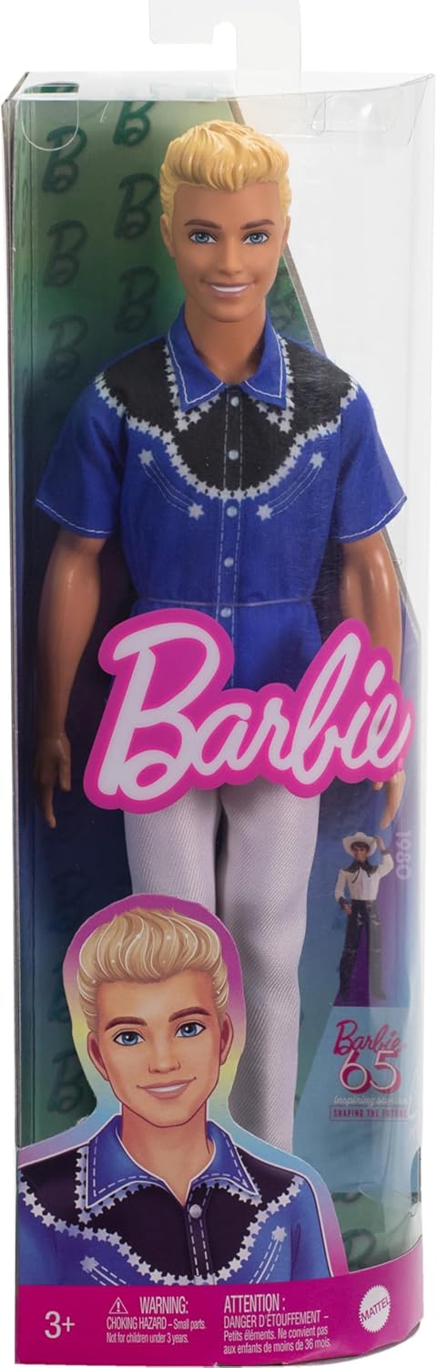 Barbie Fashionistas Ken Doll #226 65th Anniversary Collectible, Blonde Fashion Doll with Removable Western Shirt, Pants & Boots, Kids Toy Age 3+