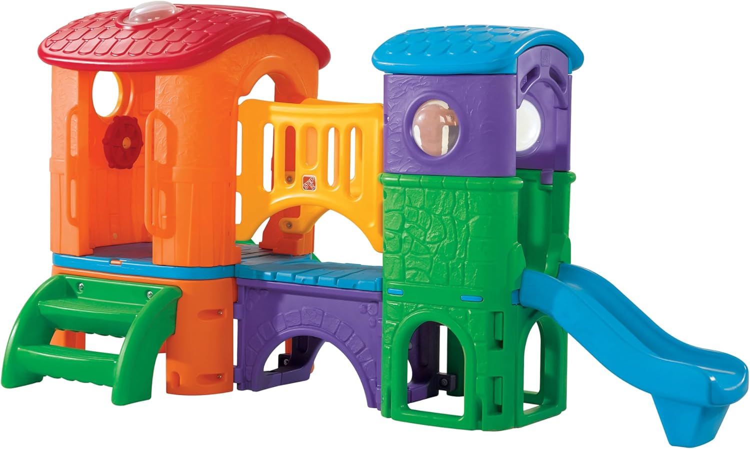 مجموعة ألعاب خارجية للأطفال من ستيب2 كلوب هاوس كلايمبر (برايتس) من عمر سنتين إلى ست سنوات، مزودة بمنزلقات مزدوجة، وسلّم تسلق، ونفق زحف، وبرج مراقبة، ومجموعات ألعاب ومعدات ملعب.