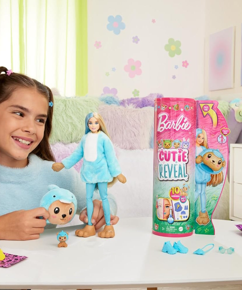 Barbie Cutie Reveal Teddy Bear as Dolphin Costume-Themed Series Doll with 10 Surprises, Color-Change Features & Accessories for Kids Age 3+