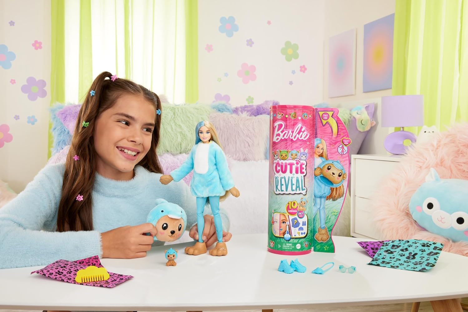 Barbie Cutie Reveal Teddy Bear as Dolphin Costume-Themed Series Doll with 10 Surprises, Color-Change Features & Accessories for Kids Age 3+