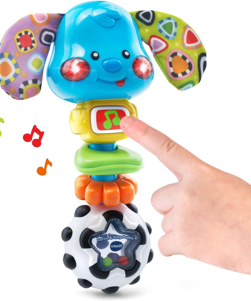 VTech Rattle and Sing Puppy Baby Musical Rattle with Lights Sounds and Textures Multicolour 3–36 Months