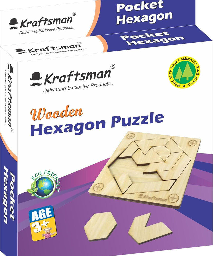 Pocket Puzzle Mini Hexagon 7-Piece Wooden Brain Teaser Portable Logic Game for Kids and Adults Ages 4+