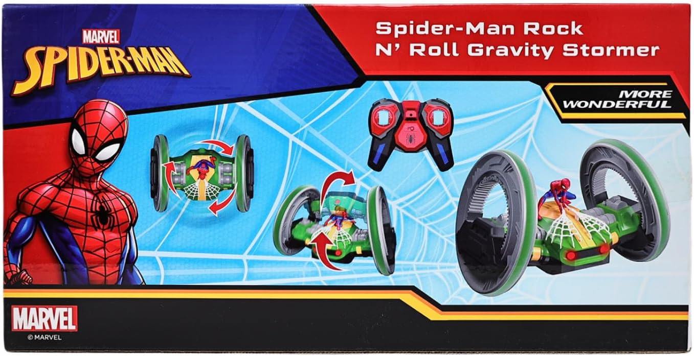 Marvel Spider-Man RC Stunt Car - Rock N' Roll Gravity Stormer - 360° Rotating Body & Wheels - 2.4 GHz High Speed Remote Control Toy for Kids & Toddlers - Ages 3+