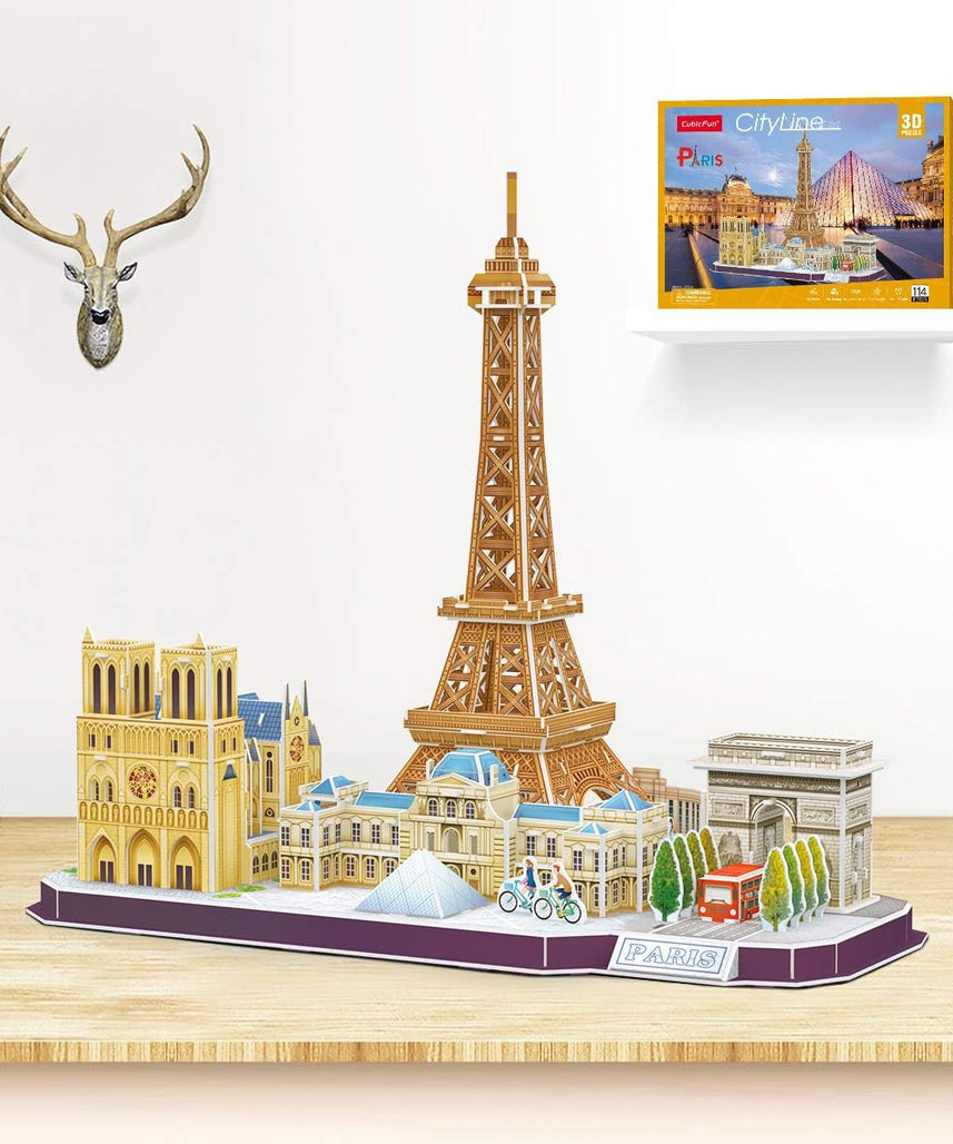 CubicFun 3D Puzzle City Line Paris Model Kit 114 Pieces Eiffel Tower Louvre Notre Dame Arc de Triomphe DIY Craft for Kids + Adults