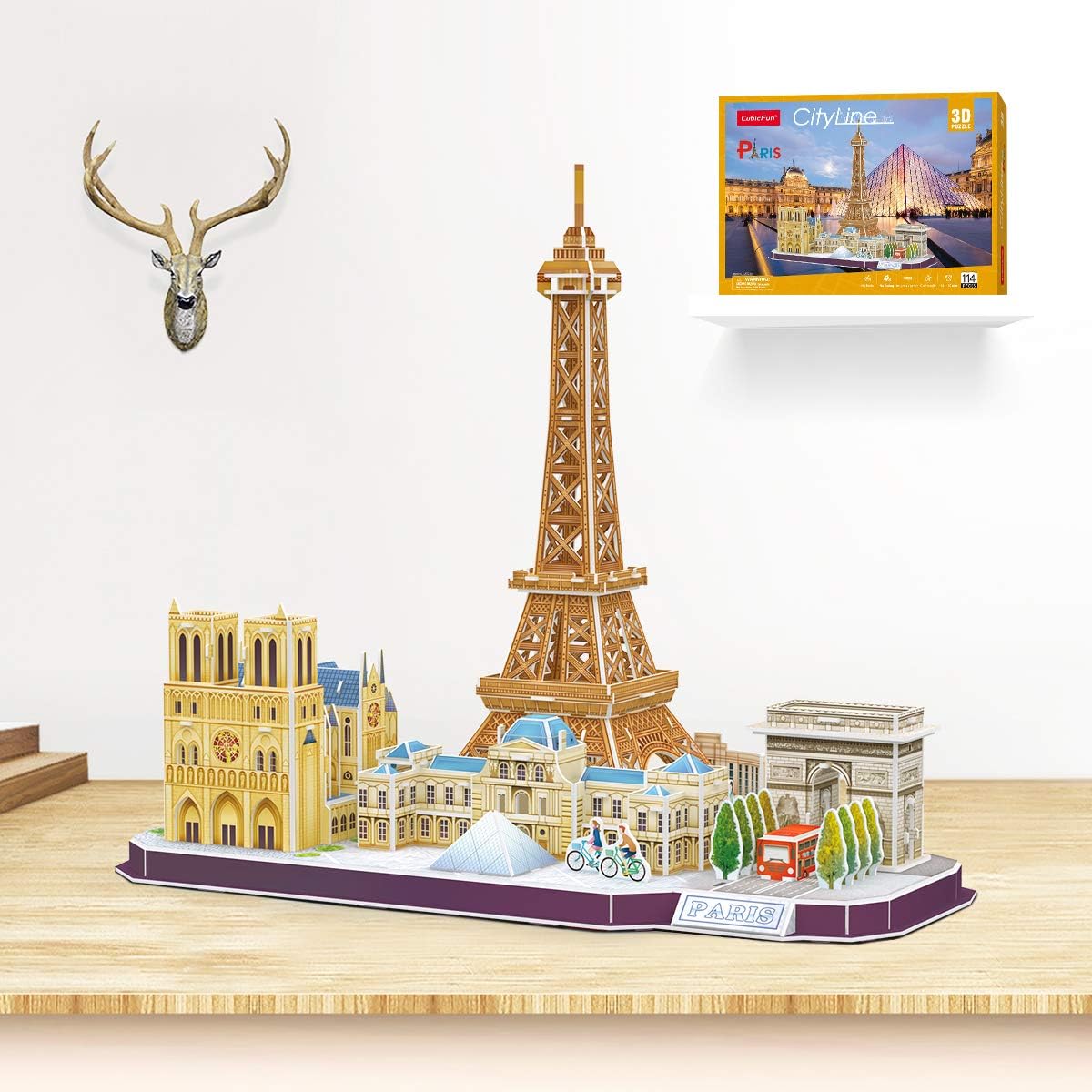 CubicFun 3D Puzzle City Line Paris Model Kit 114 Pieces Eiffel Tower Louvre Notre Dame Arc de Triomphe DIY Craft for Kids + Adults