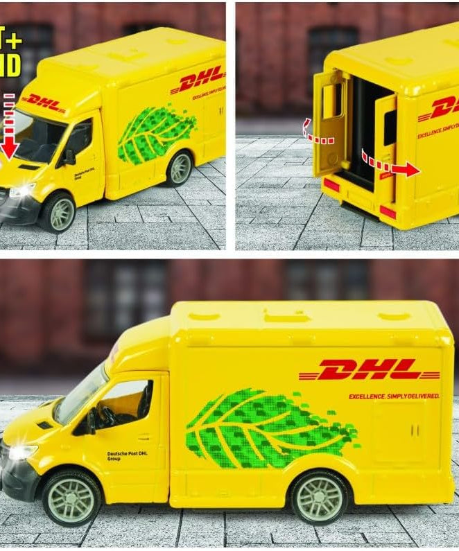 Majorette Grand Series City – Mercedes-Benz Sprinter DHL Die-Cast Delivery Van with Light & Sound Effects, Opening Doors, and Realistic Rubber Tyres, One Size
