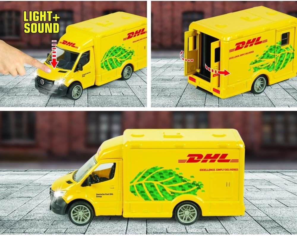 Majorette Grand Series City – Mercedes-Benz Sprinter DHL Die-Cast Delivery Van with Light & Sound Effects, Opening Doors, and Realistic Rubber Tyres, One Size