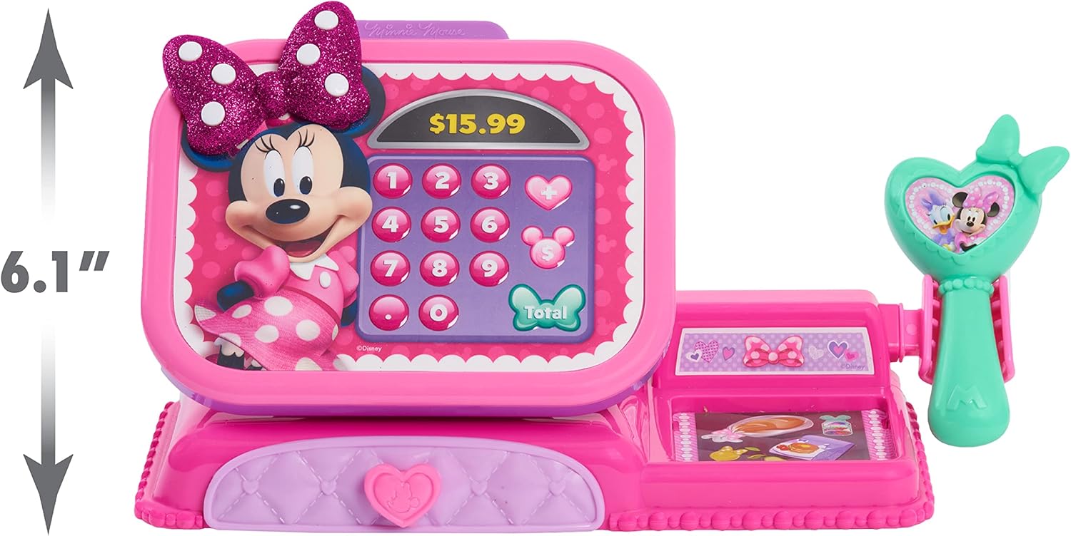 Disney Minnie Mouse Bowtique Cash Register with Lights and Sounds, Preschool Pretend Play Toy with Pull Drawer, Coins, Cash and Card, Officially Licensed Kids Toy for Ages 3 & Up by Just Play