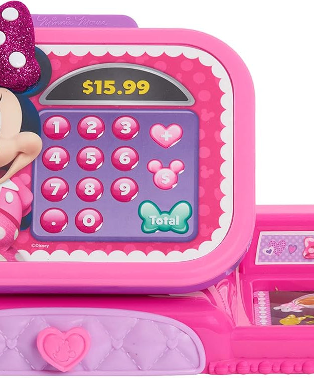 Disney Minnie Mouse Bowtique Cash Register with Lights and Sounds, Preschool Pretend Play Toy with Pull Drawer, Coins, Cash and Card, Officially Licensed Kids Toy for Ages 3 & Up by Just Play