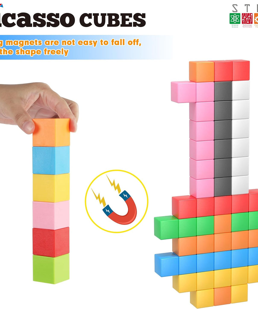 PicassoTiles Magnet Cube Building Blocks 54 Pieces 1.2" 3CM Magnetic Cubes Toy Construction Building Educational Sensory Toys with Idea Booklet for School & Preschool Kids Boys Girls Toddlers PMC301