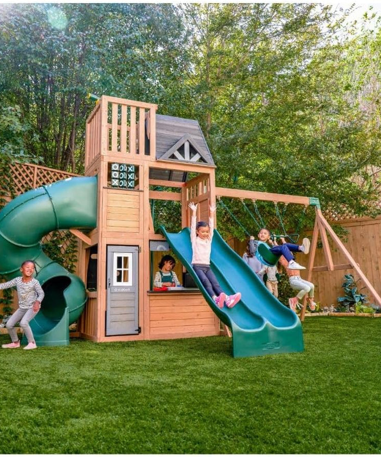 KidKraft Summit View Wooden Swing Set / Playset – Deluxe Outdoor Clubhouse with Slides, Swings, Fireman’s Pole, and Kitchen for Kids Age 3-10 Years