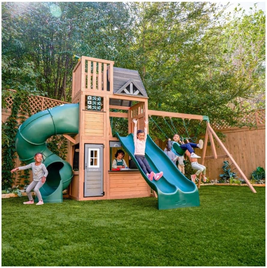 KidKraft Summit View Wooden Swing Set / Playset – Deluxe Outdoor Clubhouse with Slides, Swings, Fireman’s Pole, and Kitchen for Kids Age 3-10 Years