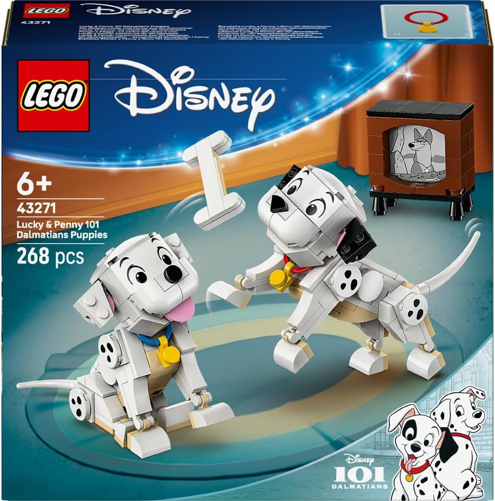 LEGO ǀ Disney Lucky & Penny 101 Dalmatians Puppies Toy - Play & Display Animal Figures with Movable Heads, Legs & Tails - incl. a Bone and TV - Ramadan Gift for 6+ Year Old Girls 43271