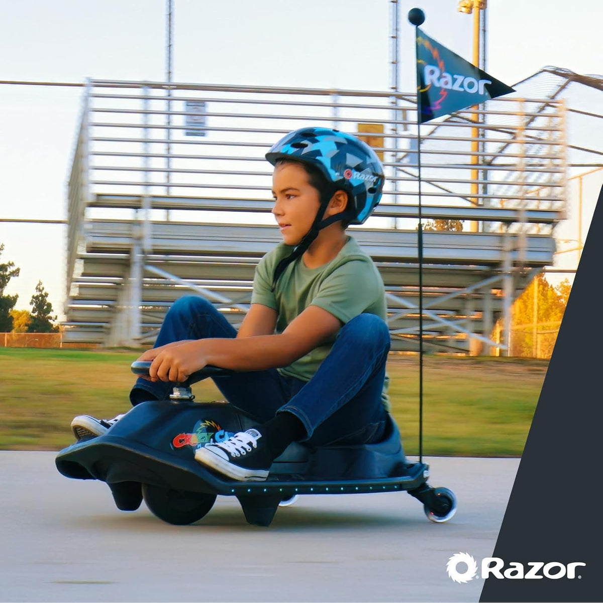Crazy Cart Shift Lightshow - Drifting Go-Kart for Kids by Razor, Multi-Color LED Lights, Power Core™ Hub Motor, Variable-Speed Foot Pedal Accelerator, Rechargeable Battery, Top Speed Control Switch