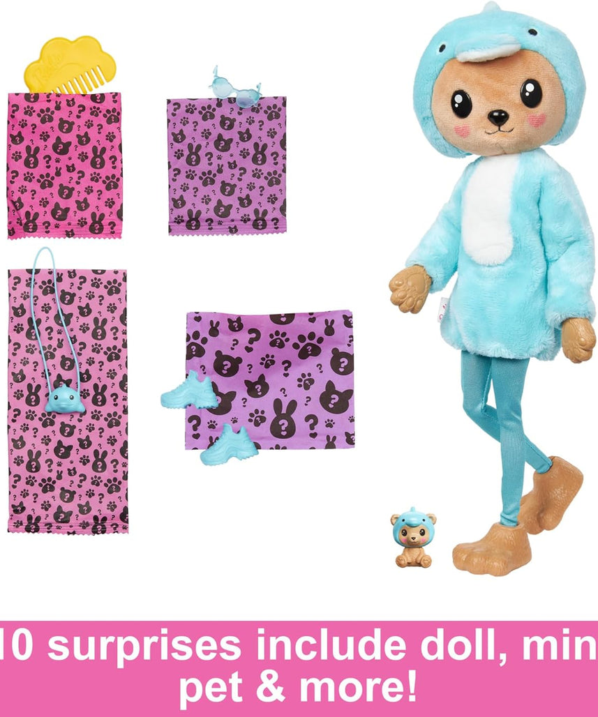 Barbie Cutie Reveal Teddy Bear as Dolphin Costume-Themed Series Doll with 10 Surprises, Color-Change Features & Accessories for Kids Age 3+