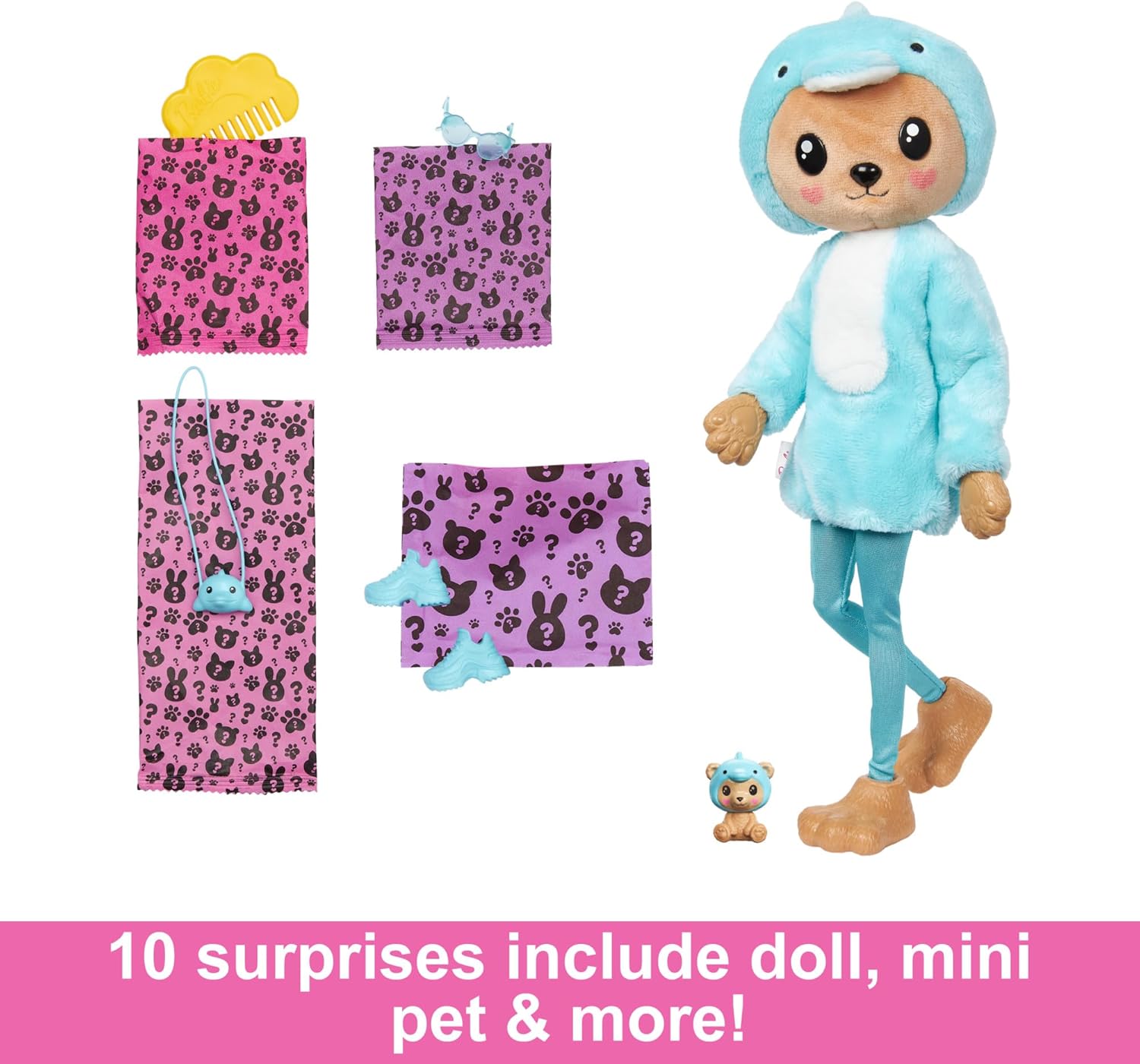 Barbie Cutie Reveal Teddy Bear as Dolphin Costume-Themed Series Doll with 10 Surprises, Color-Change Features & Accessories for Kids Age 3+