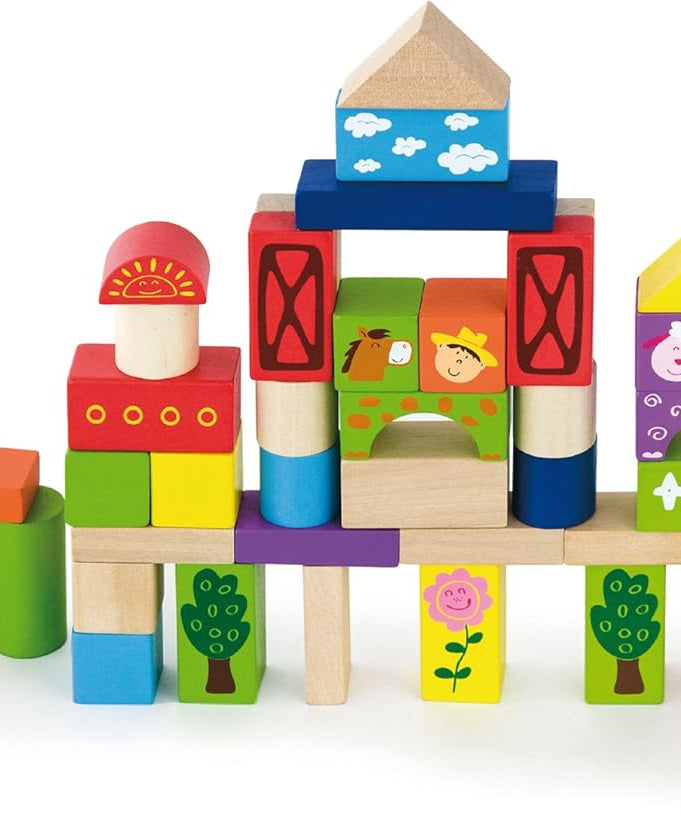 Eitech Viga Wooden Farm Building & Stacking Blocks Tub - 50 Piece - Childrens Construction Toy