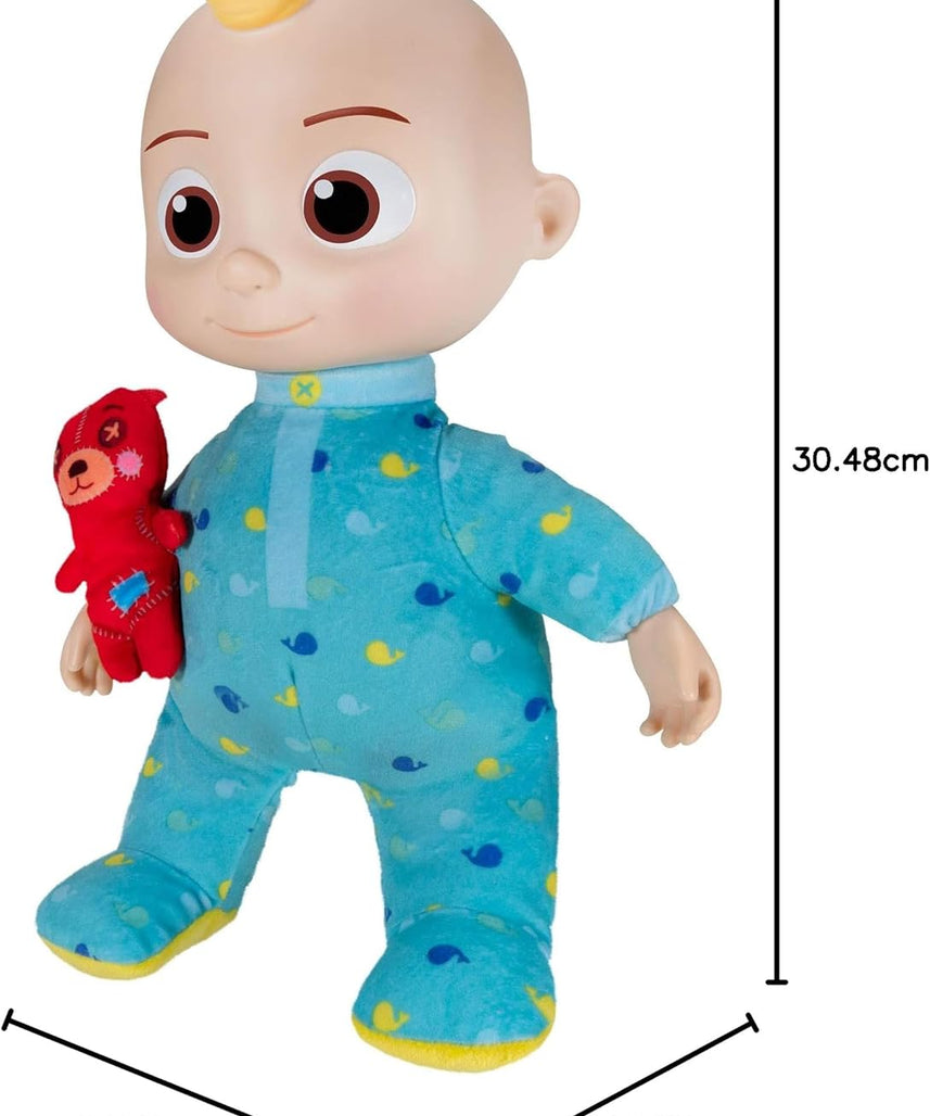 CoComelon Official Musical Bedtime JJ Doll, Soft Plush Baby Toy with Sounds, Press Tummy to Sing Yes Yes Bedtime Song, Includes Teddy Bear Pillow Plush, Toddler Bedtime Toy, 18 Months+