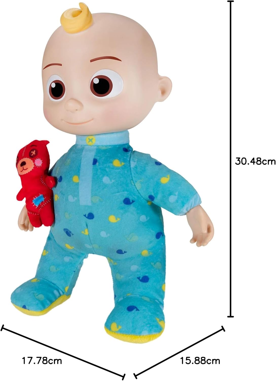 CoComelon Official Musical Bedtime JJ Doll, Soft Plush Baby Toy with Sounds, Press Tummy to Sing Yes Yes Bedtime Song, Includes Teddy Bear Pillow Plush, Toddler Bedtime Toy, 18 Months+