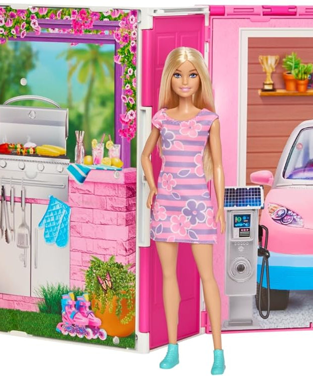 Barbie Getaway Doll House with Barbie Doll, 4 Play Areas and 11 Decor Accessories, Age 3+
