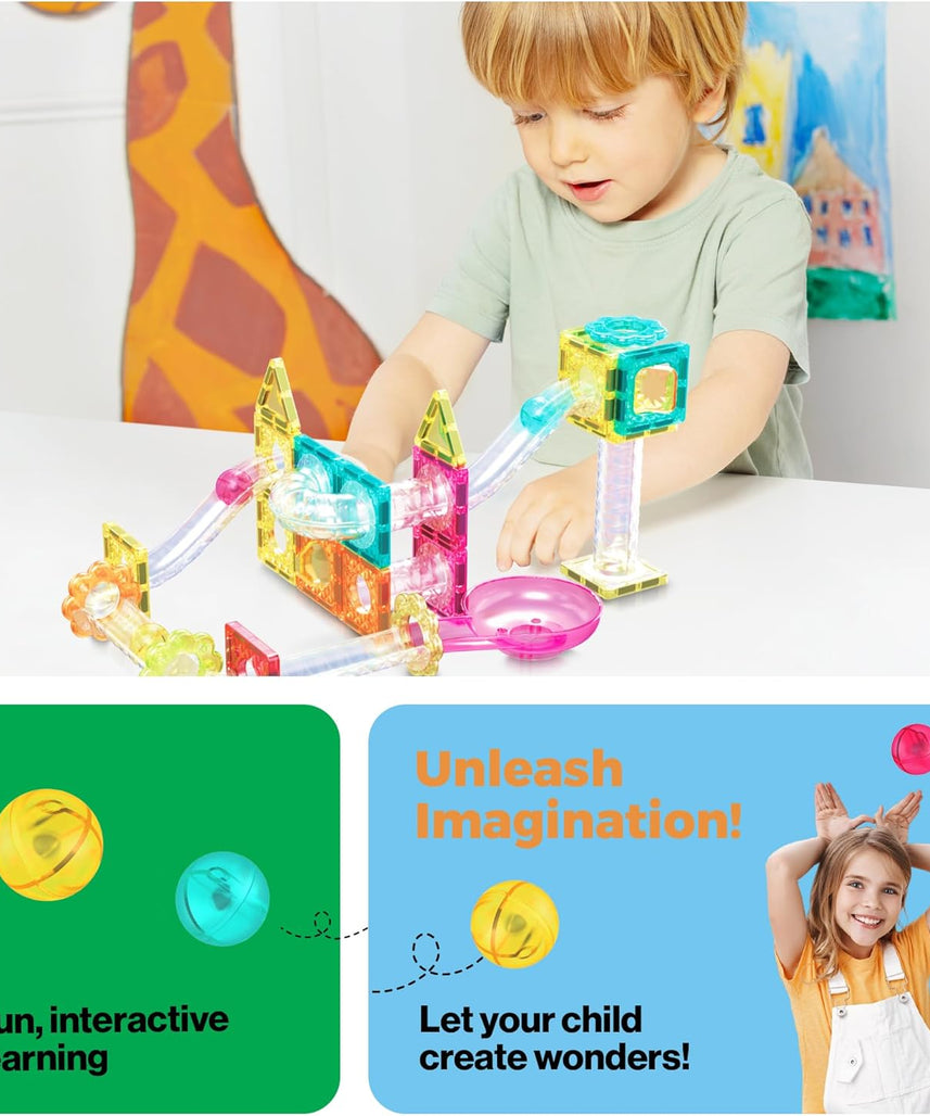 PicassoTiles Magnet Tiles Building Block Travel Size Magnetic Marble Run Construction Toy Set Mini Diamond Marble RaceTrack 45 pc Building Blocks Playset Education STEM Learning Kit Boy Girl 3+ PTMG45