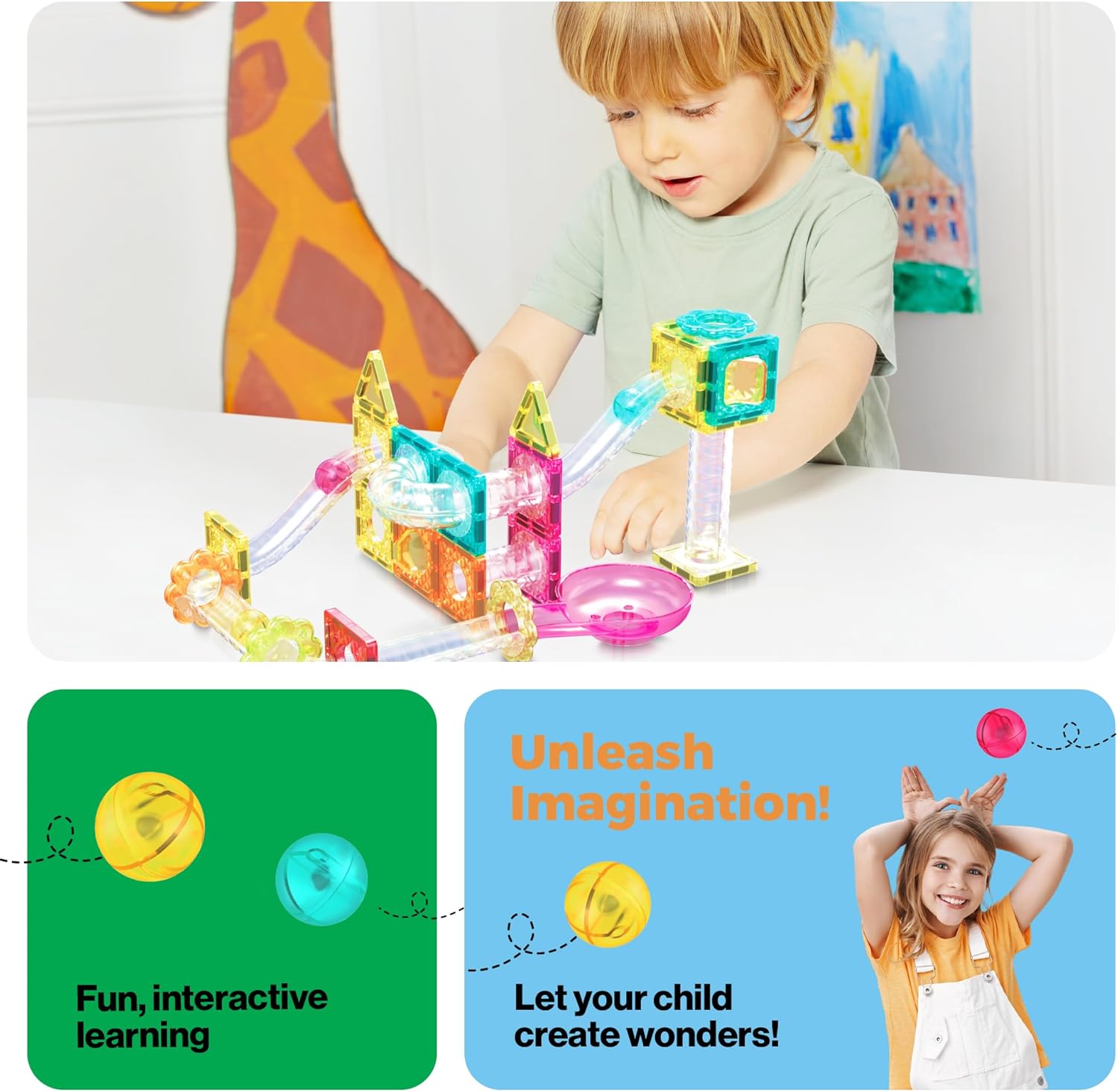 PicassoTiles Magnet Tiles Building Block Travel Size Magnetic Marble Run Construction Toy Set Mini Diamond Marble RaceTrack 45 pc Building Blocks Playset Education STEM Learning Kit Boy Girl 3+ PTMG45