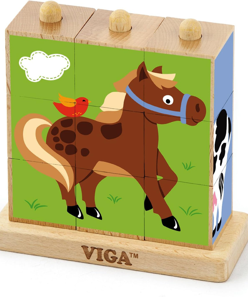 لعبة مكعبات فيجا فارم أنيملز، مكونة من 9 قطع، لعبة مونتيسوري الخشبية، تنمي المهارات الحسية والإدراكية والحركية الدقيقة، غير سامة وصديقة للبيئة، مناسبة للأولاد والبنات من عمر سنتين فما فوق