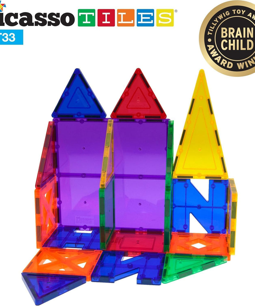 PicassoTiles 33 Piece Building Blocks 33pcs Educational Kit 3D Building Construction Toy Set Clear Magnetic Stacking Block STEM Playboard Magnet Felt Tiles Novelty Game, Creativity Beyond Imagination