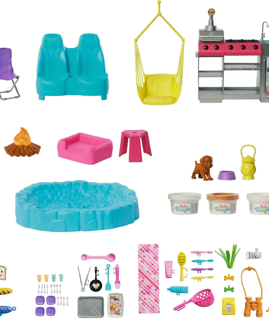 Barbie Dream Camper Playset with Roof Tent, Swing Chair, Fishing Pond, BBQ Grill with Color-Change Feature & 60+ Accessories Including Dough, HRJ78