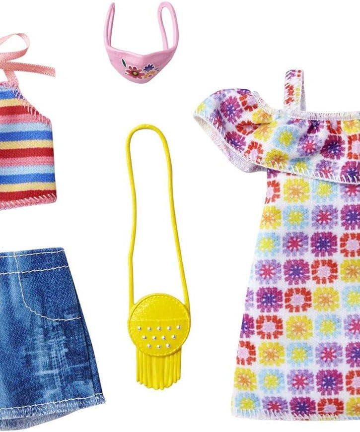 Barbie Fashions 2-Pack Clothing Set, 2 Outfits for Barbie Doll includes Off-The-Shoulder Butterfly Print Dress, Butterfly Tank & Blue Shorts & 2 Accessories, Gift for Kids 3 to 8 Years Old