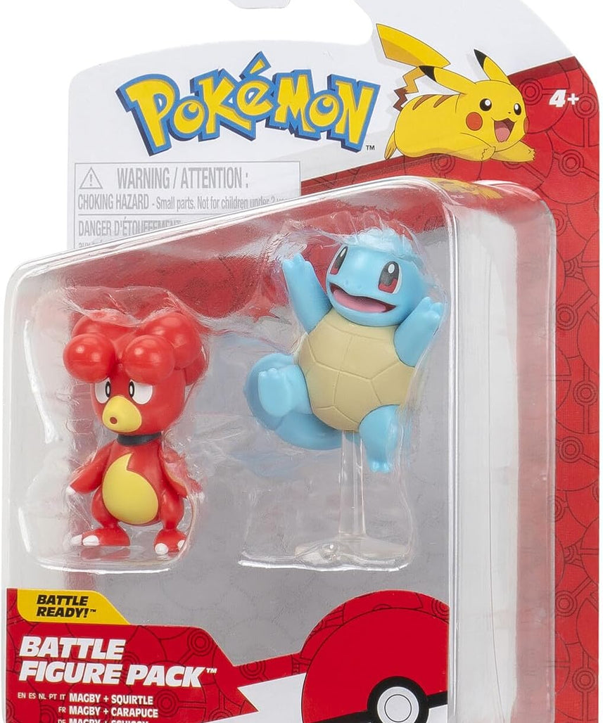 Pokemon Battle Figure Magby & Squirtle, Official Detailed Action Figures, Play Figurines for Kids, Toy Gift