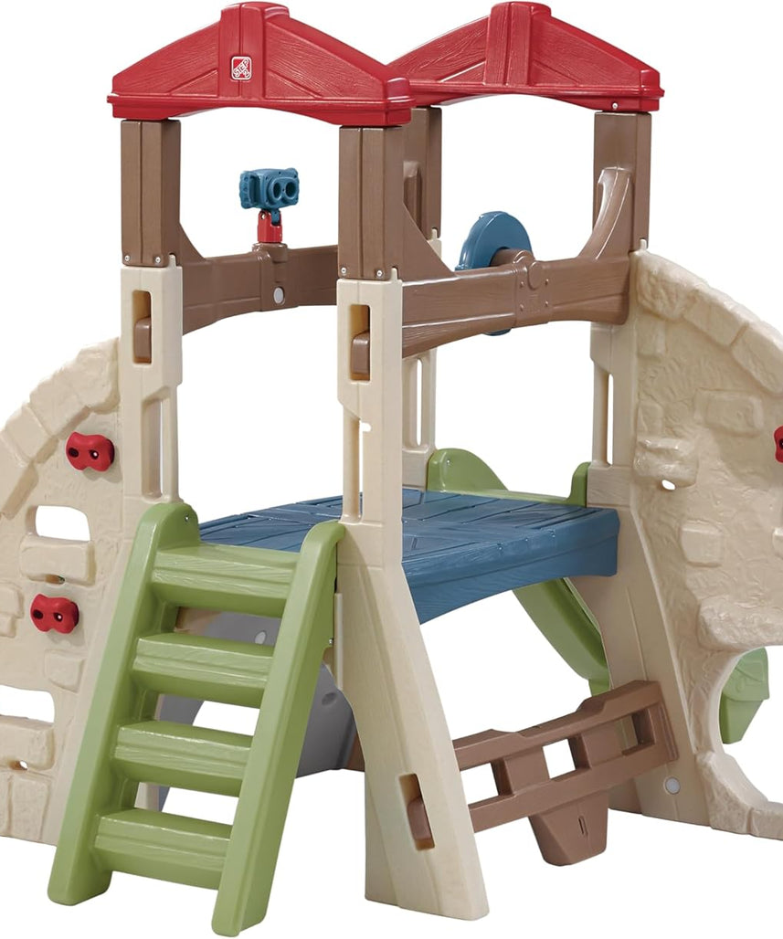 لعبة تسلق جبال الألب من ستيب 2 مع زلاجة للأطفال بعمر سنتين فما فوق، مجموعة ألعاب خارجية مع 5 جدران تسلق، زلاجة، أنفاق زحف، وعجلة قيادة، ومجموعات ألعاب ومعدات ملعب