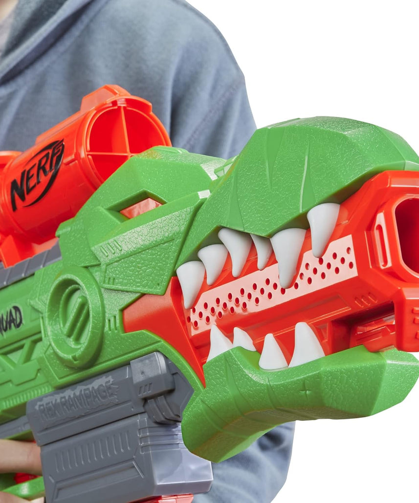 مسدس سهام نيرف دينو سكواد ريكس-رامبيج الآلي، مشبك سهام بعشرة سهام، ٢٠ سهم نيرف رسمي، تخزين لعشرة سهام، تصميم ديناصور تي ريكس، متعدد الألوان