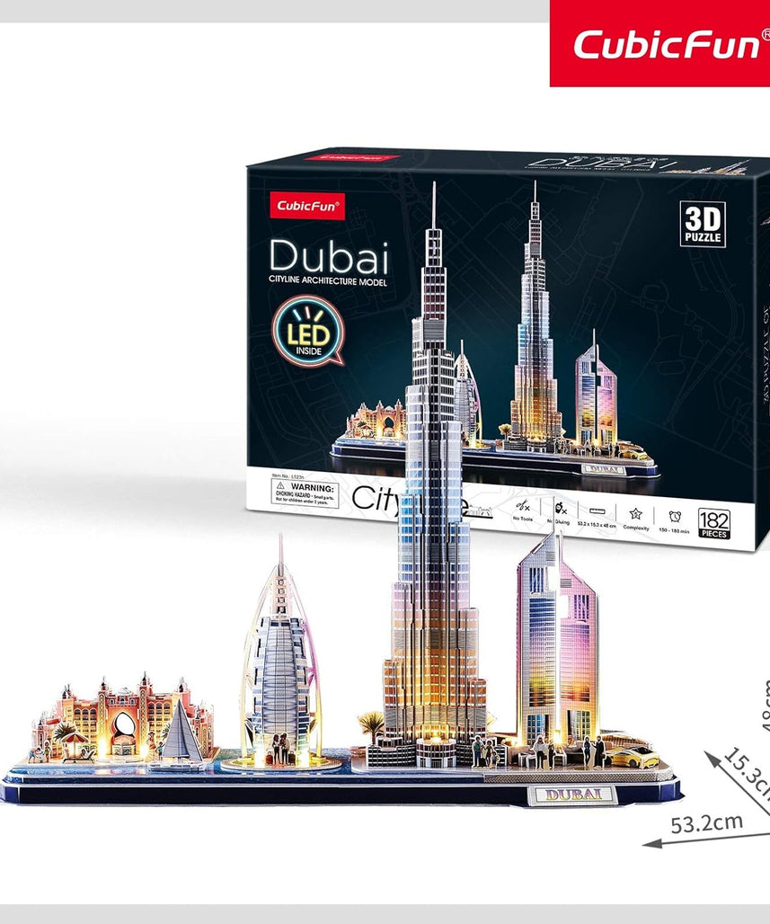 CubicFun 3D Puzzle LED Dubai Cityline Architecture Model Kit 182 Pieces City Skyline Display Gift for Adults + Kids Travel Souvenir
