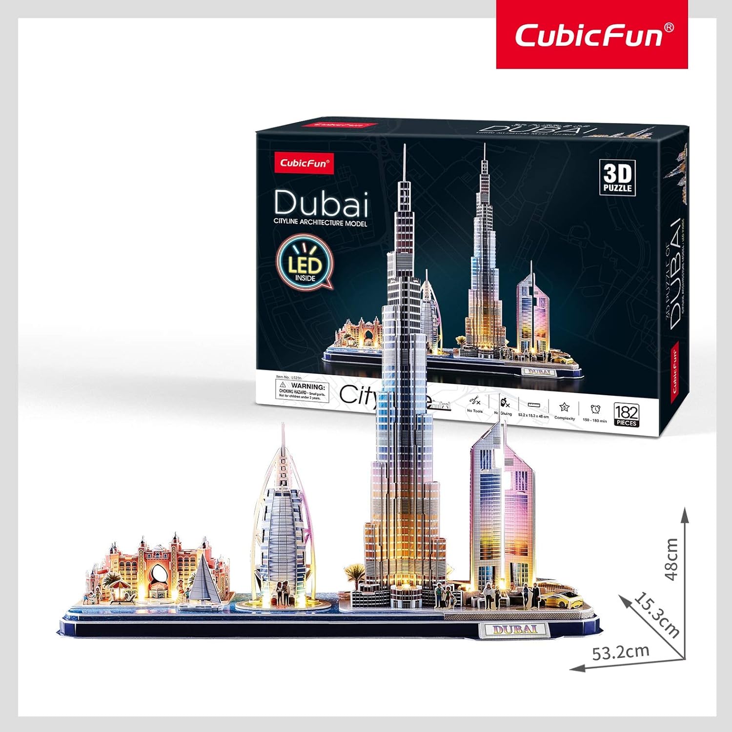 CubicFun 3D Puzzle LED Dubai Cityline Architecture Model Kit 182 Pieces City Skyline Display Gift for Adults + Kids Travel Souvenir
