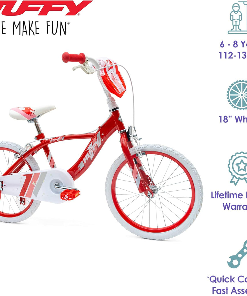 Huffy Glimmer Girls Bike 18 Inch, Red and White, Single-Speed Kids Bicycle with Removable Stabilisers, Front Storage Pouch, Quick Connect Assembly, Ages 6-8