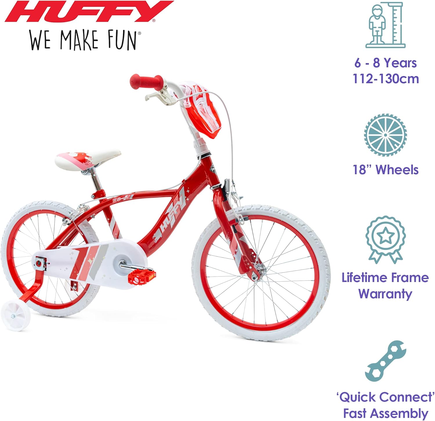 Huffy Glimmer Girls Bike 18 Inch, Red and White, Single-Speed Kids Bicycle with Removable Stabilisers, Front Storage Pouch, Quick Connect Assembly, Ages 6-8