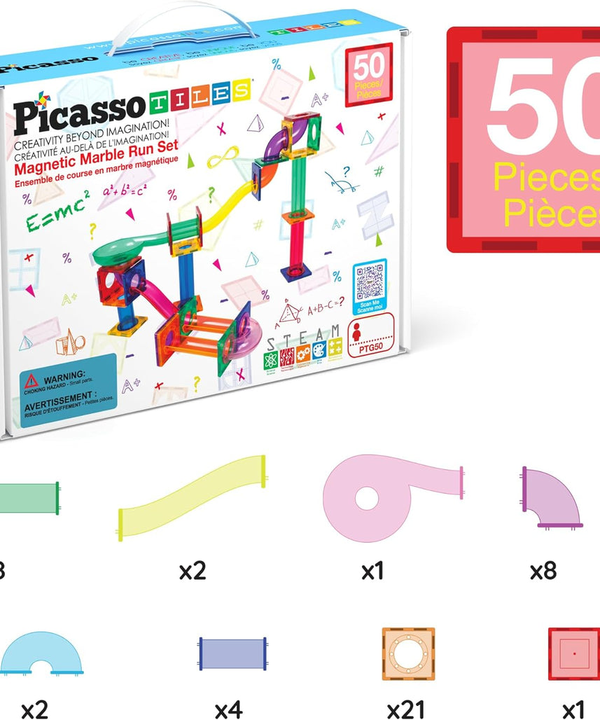 PicassoTiles Marble Run 50-Piece Magnetic Tile Race Track Toy Play Set, STEM Building & Learning, Educational Magnet Construction, Child Brain Development Kit, Boys Girls Age 3 4 5 6 7 8+ Years Old