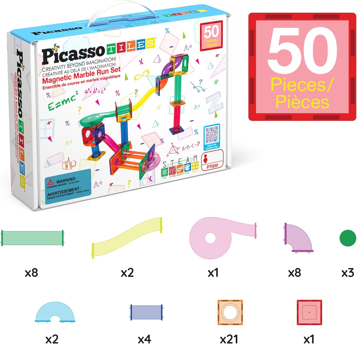 PicassoTiles Marble Run 50-Piece Magnetic Tile Race Track Toy Play Set, STEM Building & Learning, Educational Magnet Construction, Child Brain Development Kit, Boys Girls Age 3 4 5 6 7 8+ Years Old
