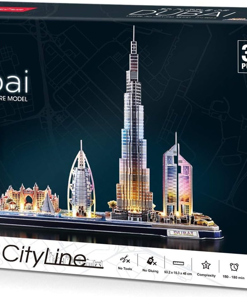 CubicFun 3D Puzzle LED Dubai Cityline Architecture Model Kit 182 Pieces City Skyline Display Gift for Adults + Kids Travel Souvenir