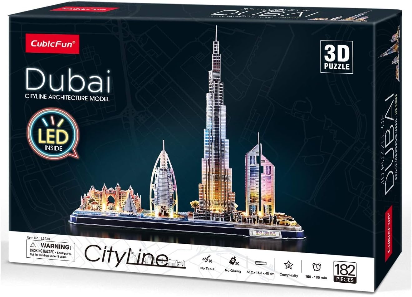CubicFun 3D Puzzle LED Dubai Cityline Architecture Model Kit 182 Pieces City Skyline Display Gift for Adults + Kids Travel Souvenir