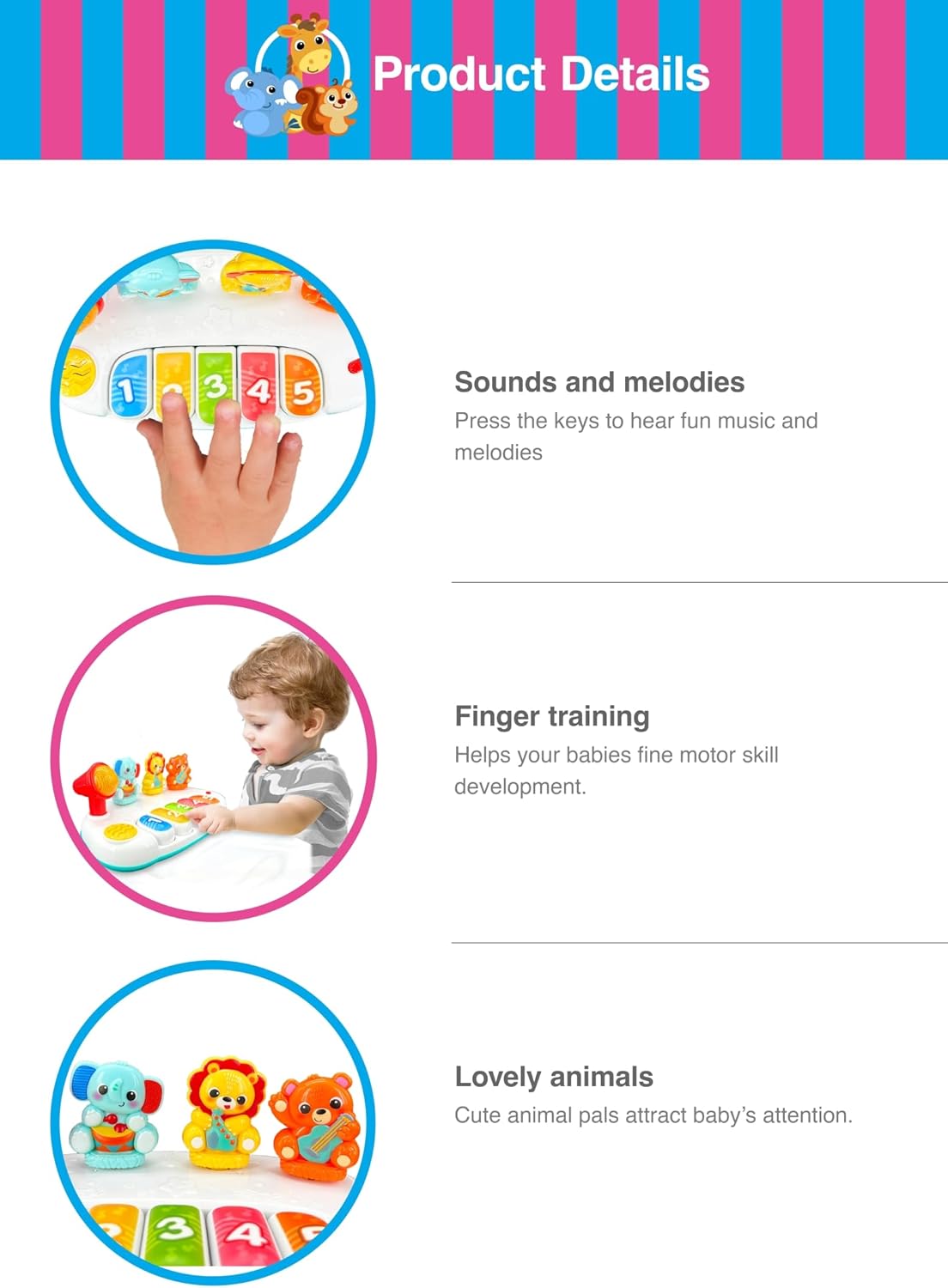 Winfun Jungle Pals Piano Interactive Toy for Kids, Musical Keyboard Baby Toy with Animal Sounds and Light Up Features, Early Learning Music Toy for 12+ Months