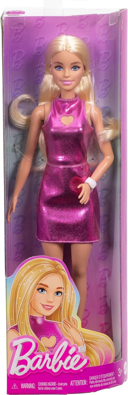 Barbie Fashionistas Doll #230 with Blond Hair, Wearing Metallic Pink Minidress with Heart Cut-Out, White Bracelet and Heels