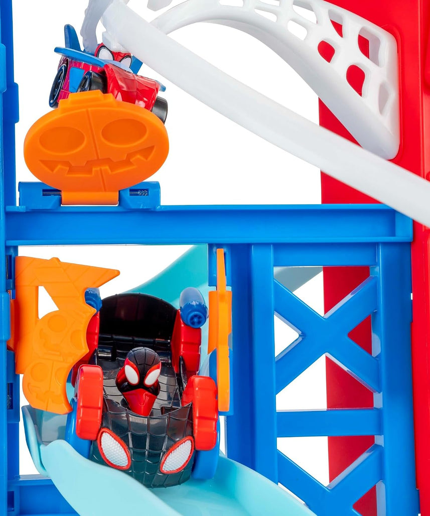 Spidey N Friends Construction Zone Chaos Track Set, Deluxe 2-Foot High Race Track Features Zip Line, Action Zones, & 2 Separate Tracks with Two 3-Inch Vehicles, Kids Toys, Gift, Playset, 3 Years+