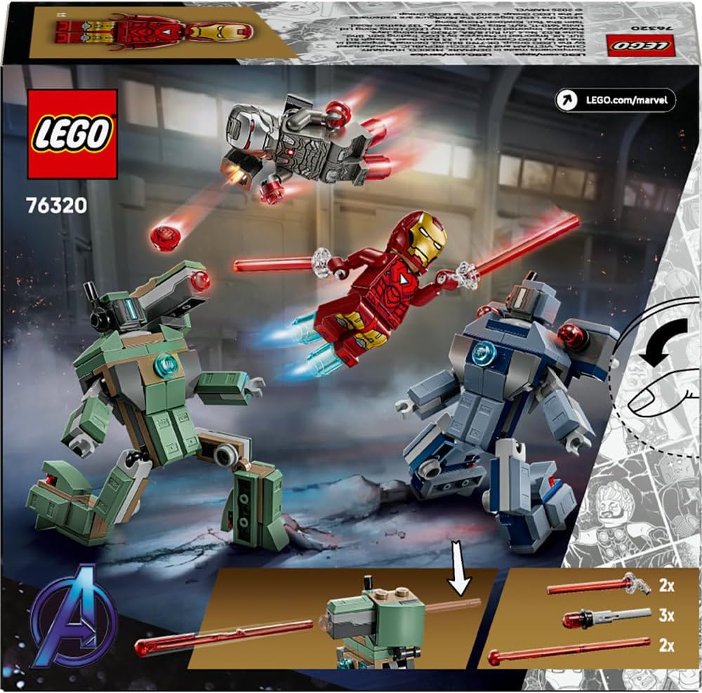 LEGO Super Heroes 76320 Iron Man & War Machine vs Hammer Drones Mech Battle Set for Kids 7+