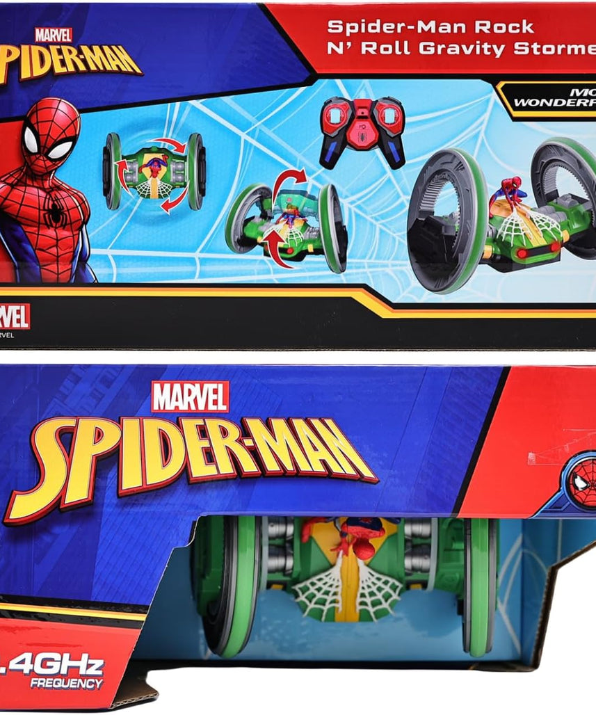 Marvel Spider-Man RC Stunt Car - Rock N' Roll Gravity Stormer - 360° Rotating Body & Wheels - 2.4 GHz High Speed Remote Control Toy for Kids & Toddlers - Ages 3+