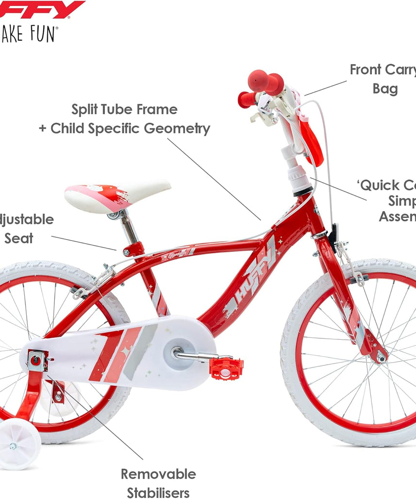 Huffy Glimmer Girls Bike 18 Inch, Red and White, Single-Speed Kids Bicycle with Removable Stabilisers, Front Storage Pouch, Quick Connect Assembly, Ages 6-8