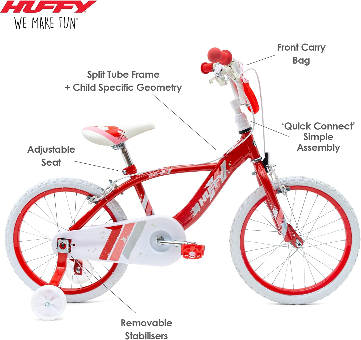 Huffy Glimmer Girls Bike 18 Inch, Red and White, Single-Speed Kids Bicycle with Removable Stabilisers, Front Storage Pouch, Quick Connect Assembly, Ages 6-8