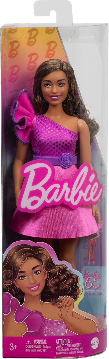 Barbie Fashionistas Doll #225, Curvy Body Type with Brown Hair, Pink Sparkly Dress & Accessories, 65th Anniversary Collectible Fashion Doll