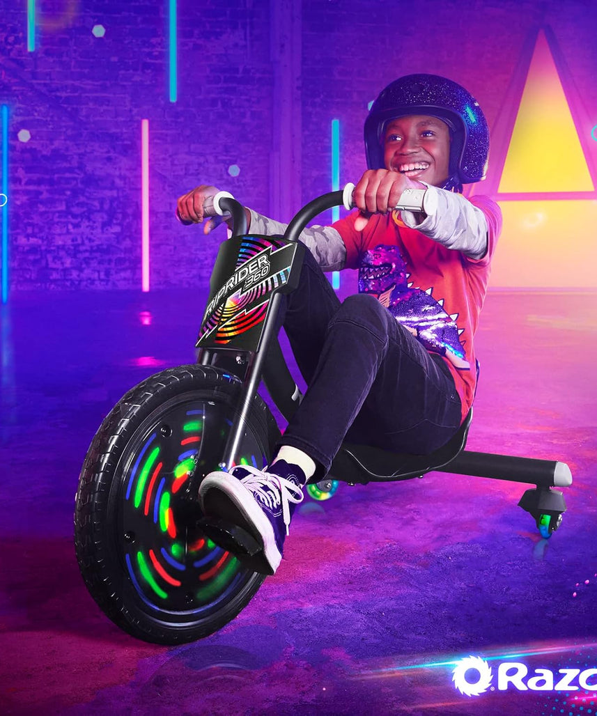 دراجة Razor RipRider 360 Lightshow Drifting ثلاثية العجلات للأطفال من سن 5 سنوات فما فوق، مزودة بدواسة ومصابيح LED متعددة الألوان تعمل بالحركة وعجلات خلفية
